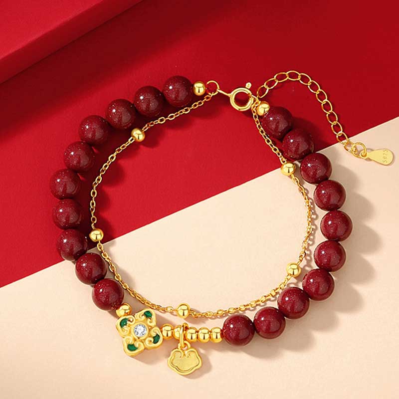 Wear FengShui 925 Sterling Silver Natural Cinnabar Four Leaf Clover Flower Blessing Chain Bracelet