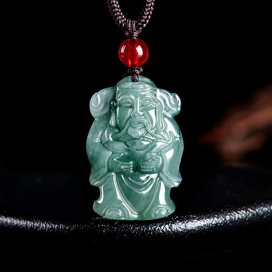 Wear FengShui Natural Green Jade Chinese God of Wealth Caishen Ingot Abundance Necklace Pendant