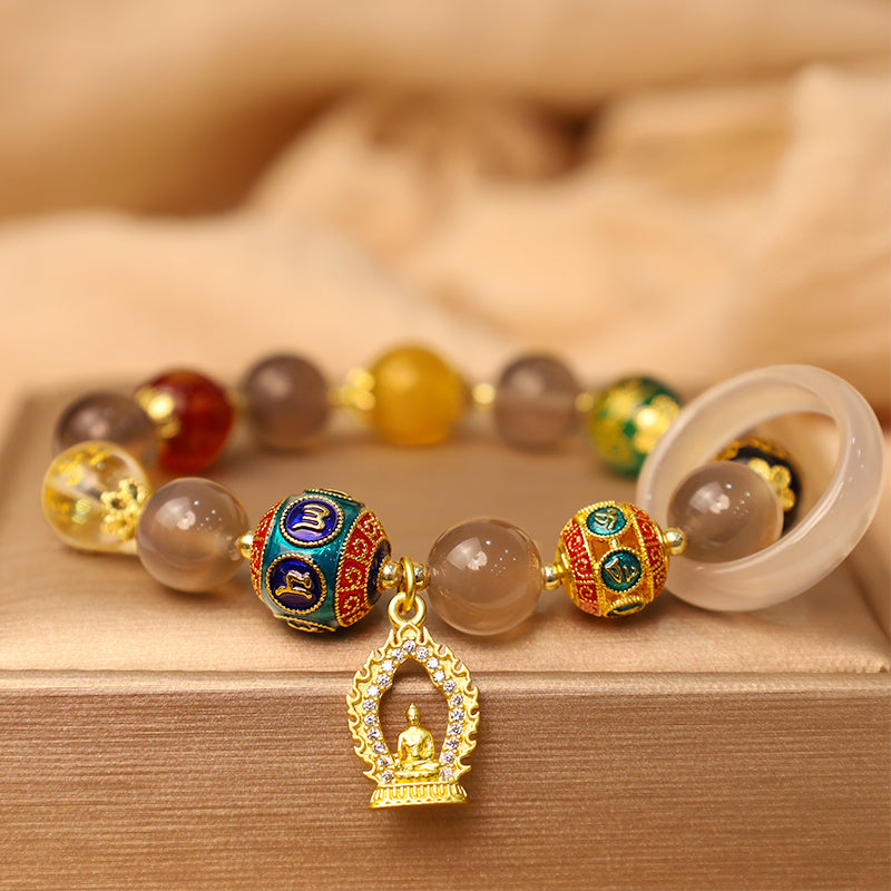 Wear FengShui Natural Gray Agate Five Directions Gods of Wealth Om Mani Padme Hum Buddha Charm Bracelet