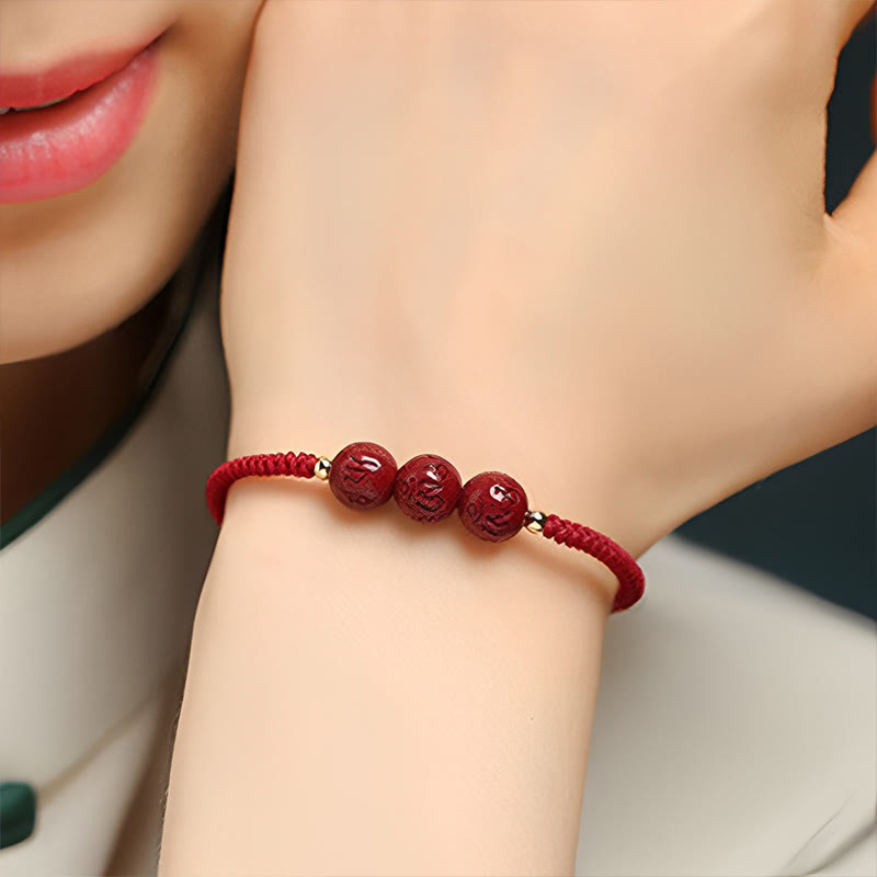 Wear FengShui Handmade Cinnabar Om Mani Padme Hum Engraved Beads Blessing Braided Bracelet
