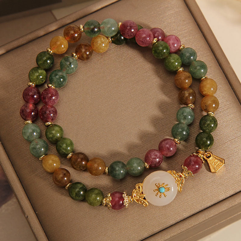 Wear FengShui Natural Multicolored Tourmaline Positive Jade Flower Double Wrap Bracelet