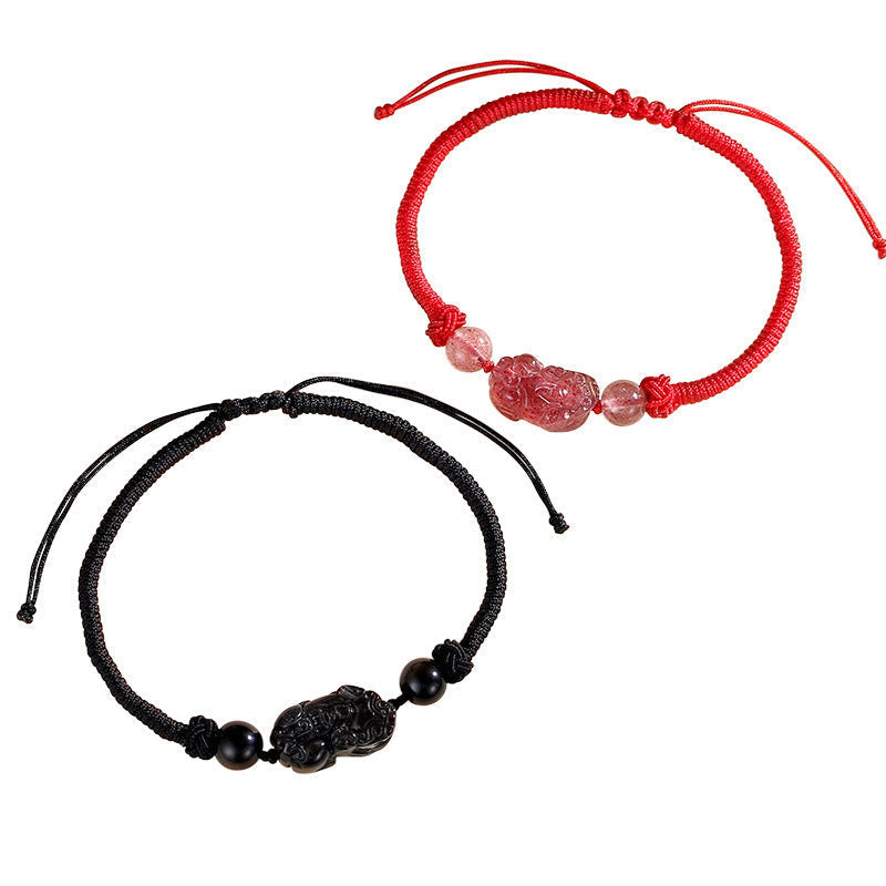Wear FengShui Handmade Natural Silver Sheen Obsidian Strawberry Quartz PiXiu Protection Braided Bracelet