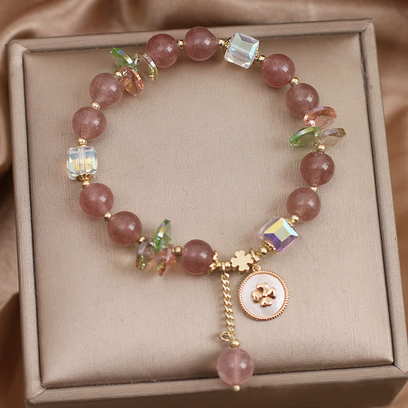 Wear FengShui Strawberry Quartz Lucky Four Leaf Clover Healing Charm Bracelet