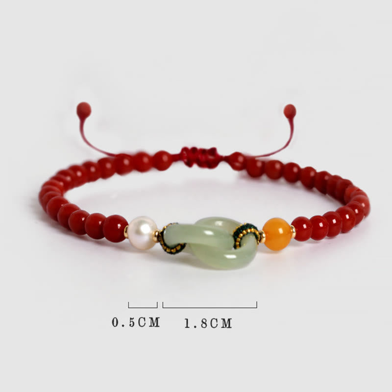 Wear FengShui Natural Red Agate Hetian Jade Double Peace Buckle Confidence Bracelet