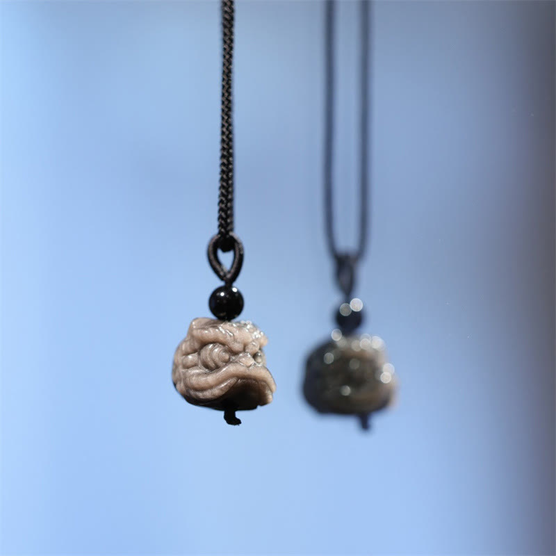 Wear FengShui Natural Silver Sheen Obsidian Dancing Lion Protection Necklace Pendant