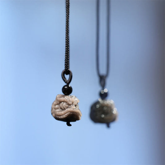 Wear FengShui Natural Silver Sheen Obsidian Dancing Lion Protection Necklace Pendant