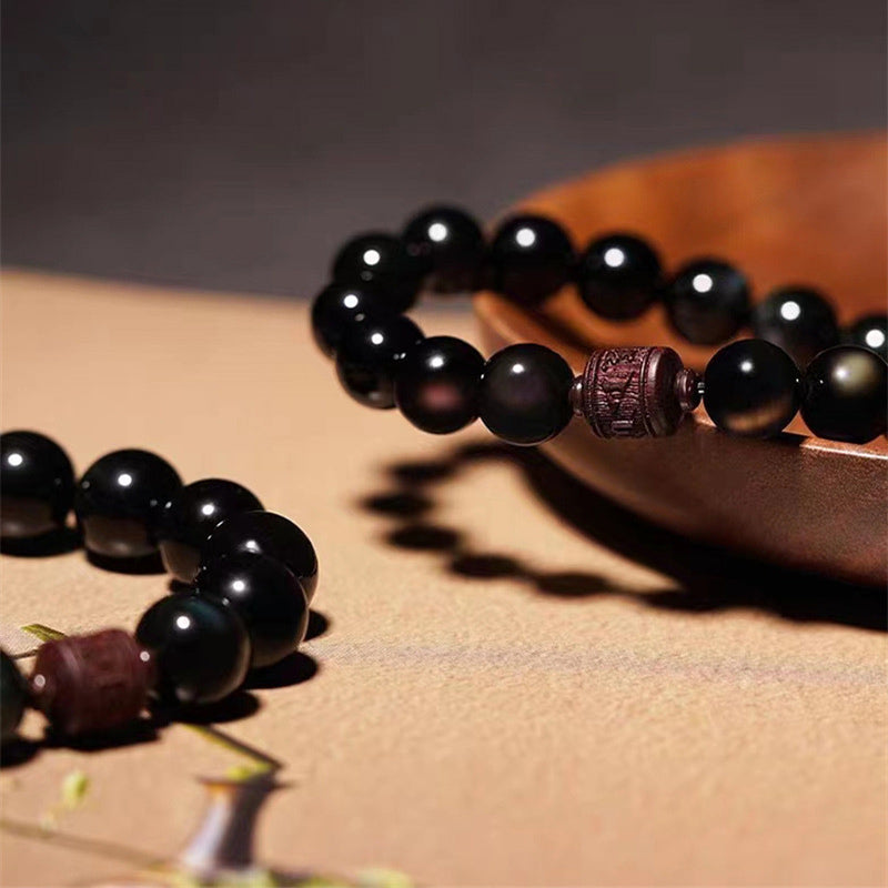 Wear FengShui Natural Gold Sheen Obsidian Rainbow Obsidian Om Mani Padme Hum Fu Character Healing Bracelet
