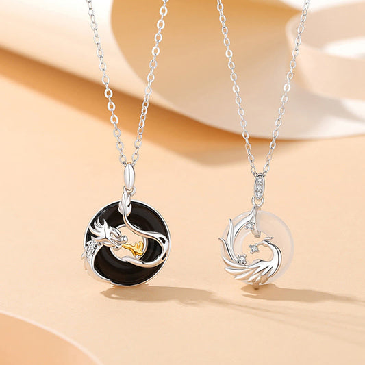 Wear FengShui 925 Sterling Silver Year of the Dragon Natural Black Onyx Chalcedony Dragon Phoenix Peace Buckle Protection Necklace Pendant