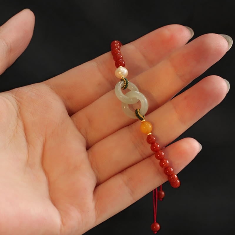 Wear FengShui Natural Red Agate Hetian Jade Double Peace Buckle Confidence Bracelet