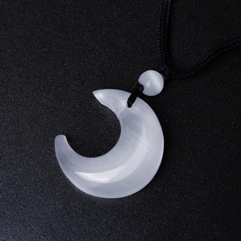 Wear FengShui Natural Silver Sheen Obsidian Selenite Crystal Crescent Moon Yin Yang Couple Protection Necklace Pendant