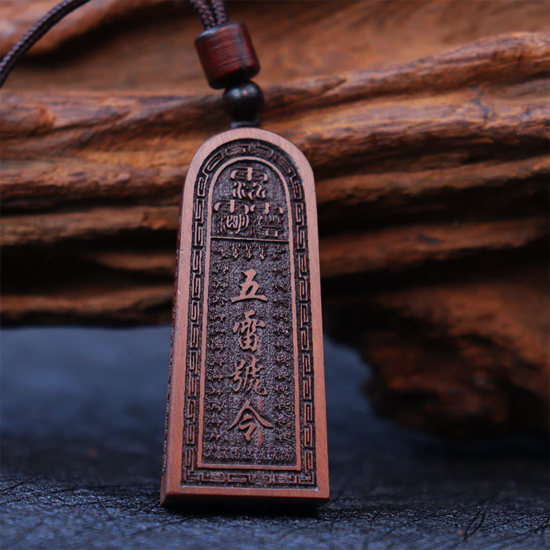 Wear FengShui Lightning Struck Jujube Wood Taoist Five Thunder Order Luck Protection Necklace Pendant