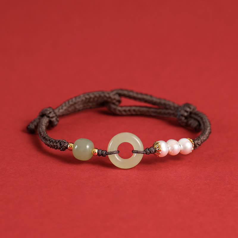 Wear FengShui Natural Hetian Jade Pearl Peace Buckle Luck Bracelet