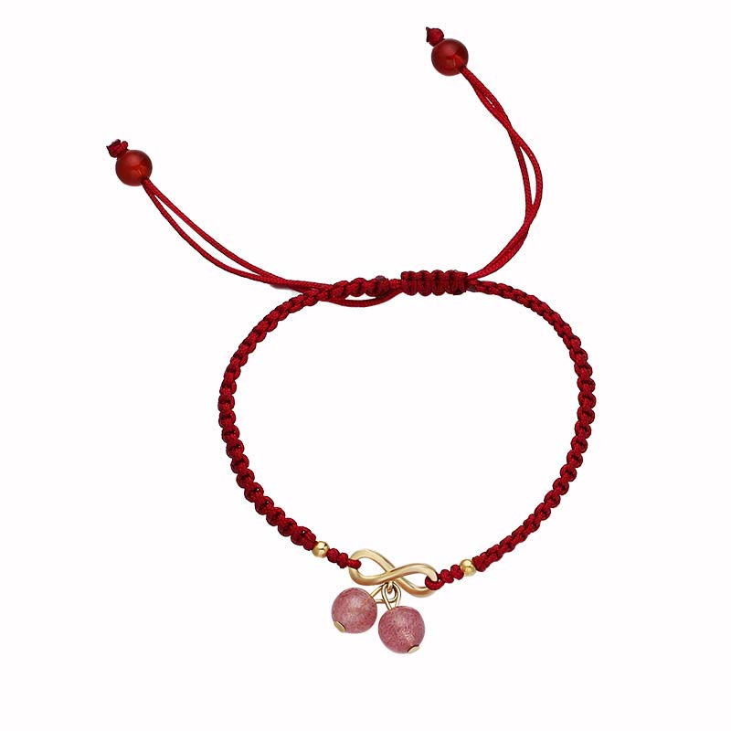 Wear FengShui Strawberry Quartz Crystal Endless Knot Love Healing Red String Weave Bracelet