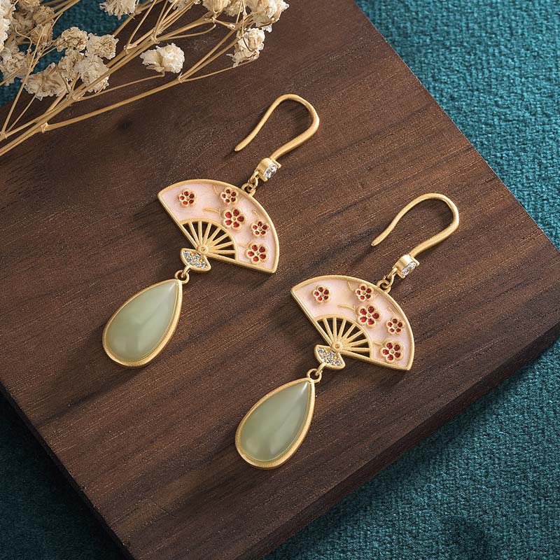 Wear FengShui Natural Green Aventurine Fan Pattern Luck Drop Earrings