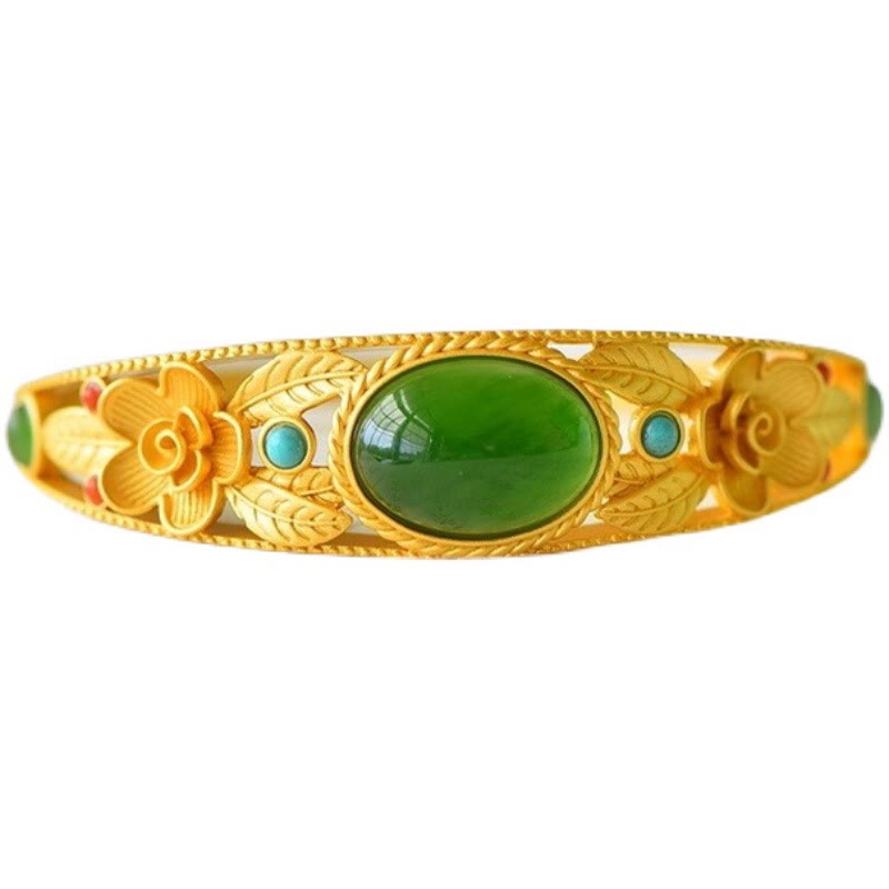 Wear FengShui Cyan Jade White Jade Flower Leaf Harmony Luck Bracelet Bangle