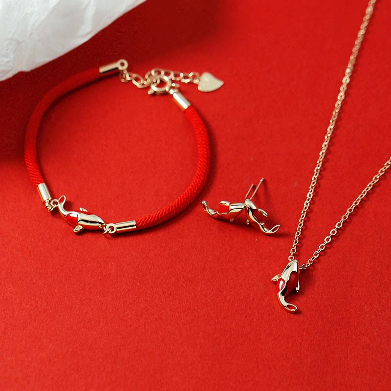 Wear FengShui Copper Koi Fish Wealth Necklace Pendant Red Rope Bracelet Earrings Set