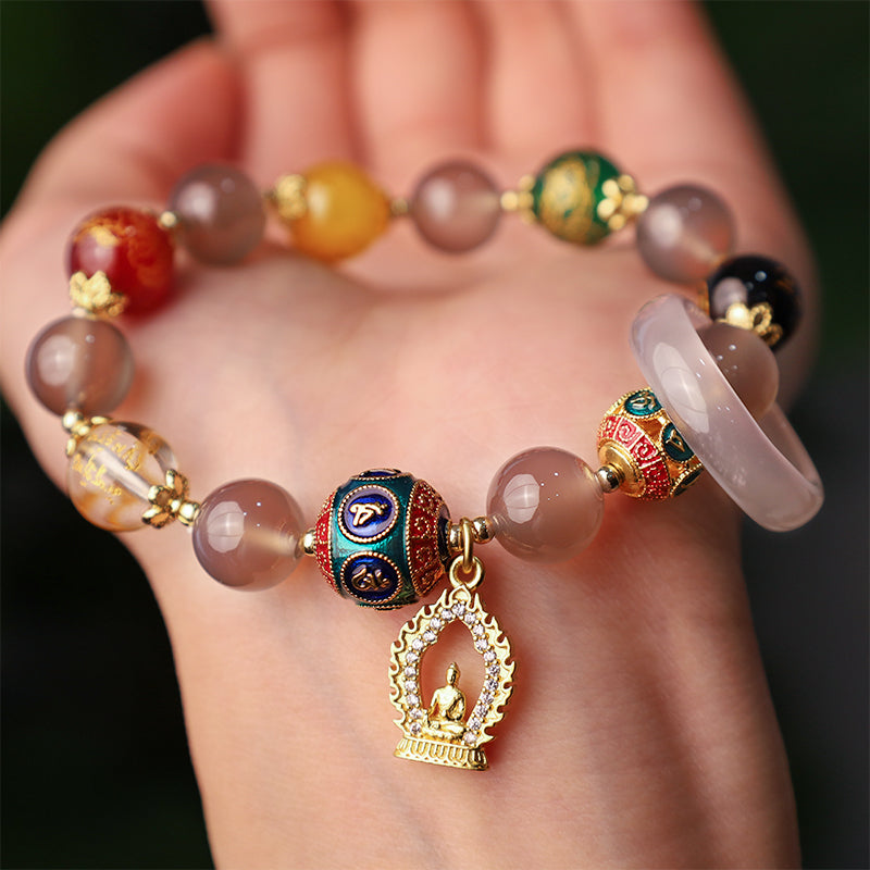 Wear FengShui Natural Gray Agate Five Directions Gods of Wealth Om Mani Padme Hum Buddha Charm Bracelet