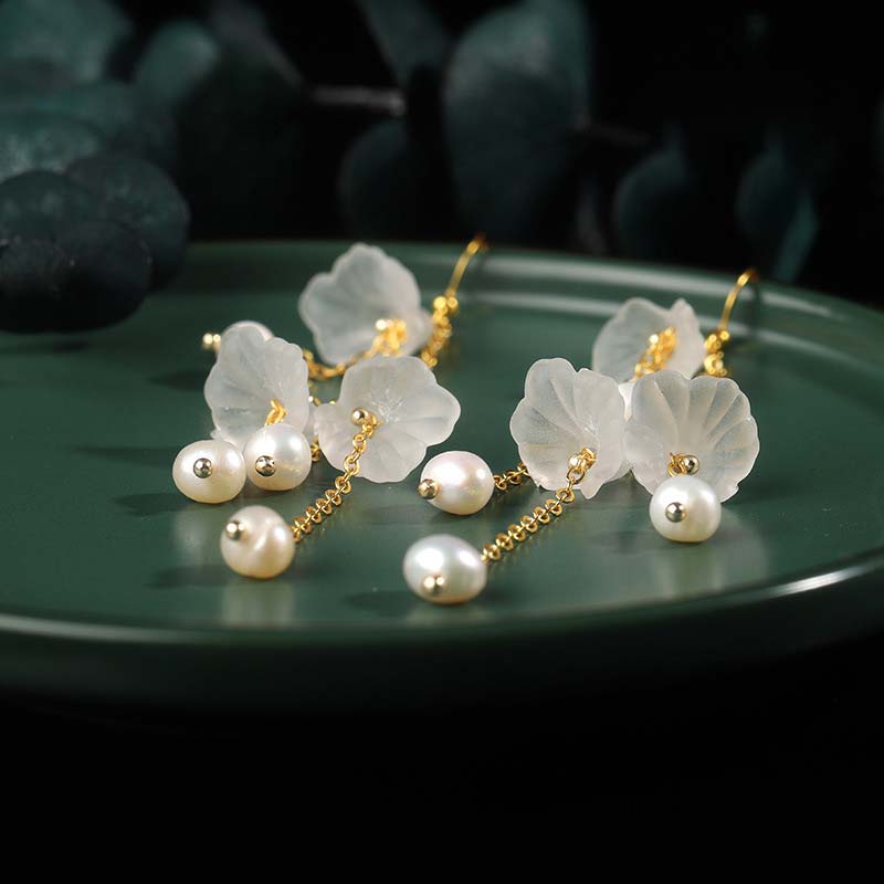 Wear FengShui Pearl Flower Petals Luck Drop Earrings