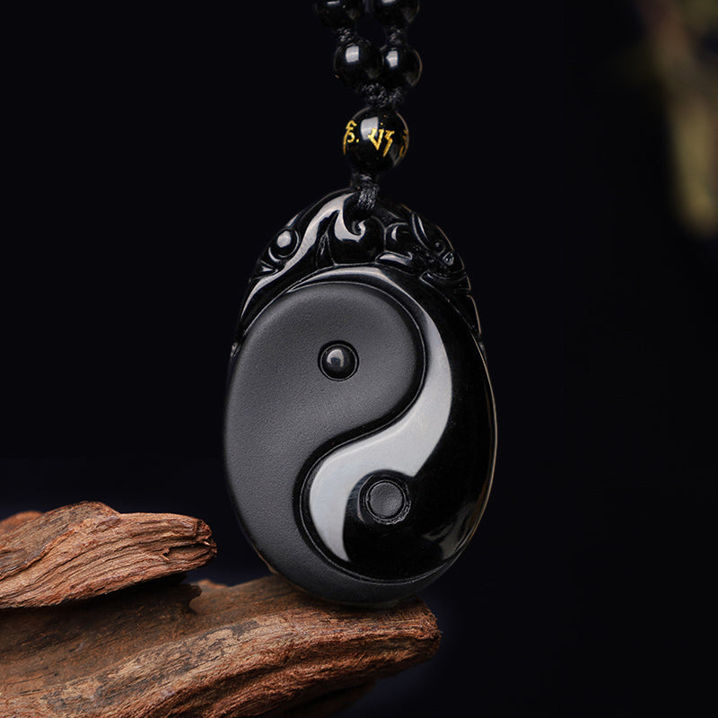 Wear FengShui Natural Black Obsidian Yin Yang Fulfilment Strength Necklace Pendant