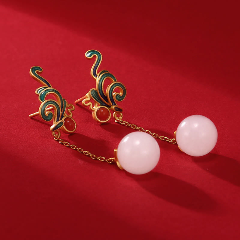 Wear FengShui Vintage White Jade Red Agate Bead Blessing Drop Dangle Earrings