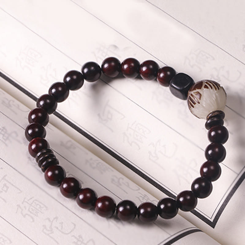 Wear FengShui Small Leaf Red Sandalwood Lotus Bodhi Seed Carved Protection Double Wrap Bracelet