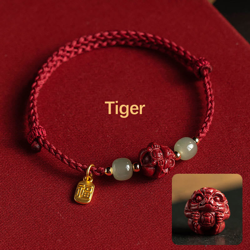 Wear FengShui Natural Cinnabar Chinese Zodiac Hetian Jade Fu Character Luck Rope Bracelet