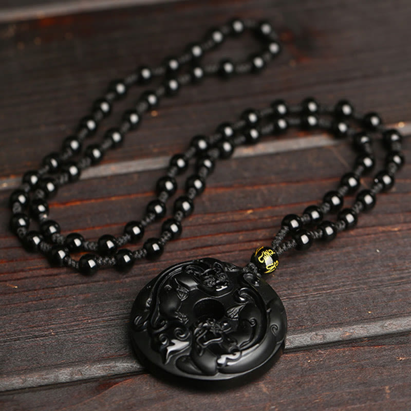 Wear FengShui Natural Black Obsidian Peace Buckle Pixiu Bead Rope Strength Necklace Pendant