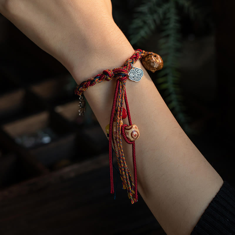 Wear FengShui Tibetan Handmade Colorful Thread 925 Sterling Silver Koi Fish Protection Strength String Bracelet