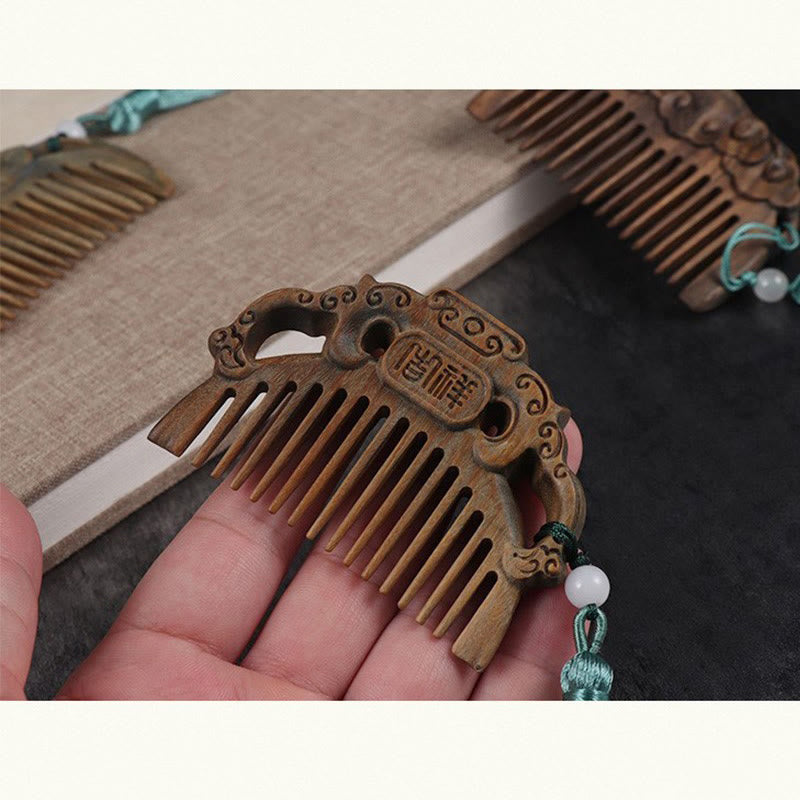 Wear FengShui Green Sandalwood Fox Peony Flower Lotus Engraved Cure Tassel Comb