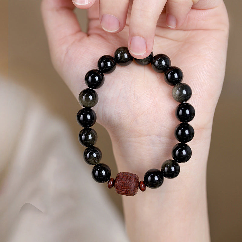 Wear FengShui Natural Gold Sheen Obsidian Rainbow Obsidian Om Mani Padme Hum Fu Character Healing Bracelet
