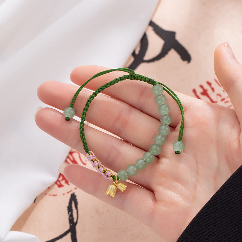 Wear FengShui Handmade Jade Bead Lily of the Valley Charm Luck Braided Bracelet