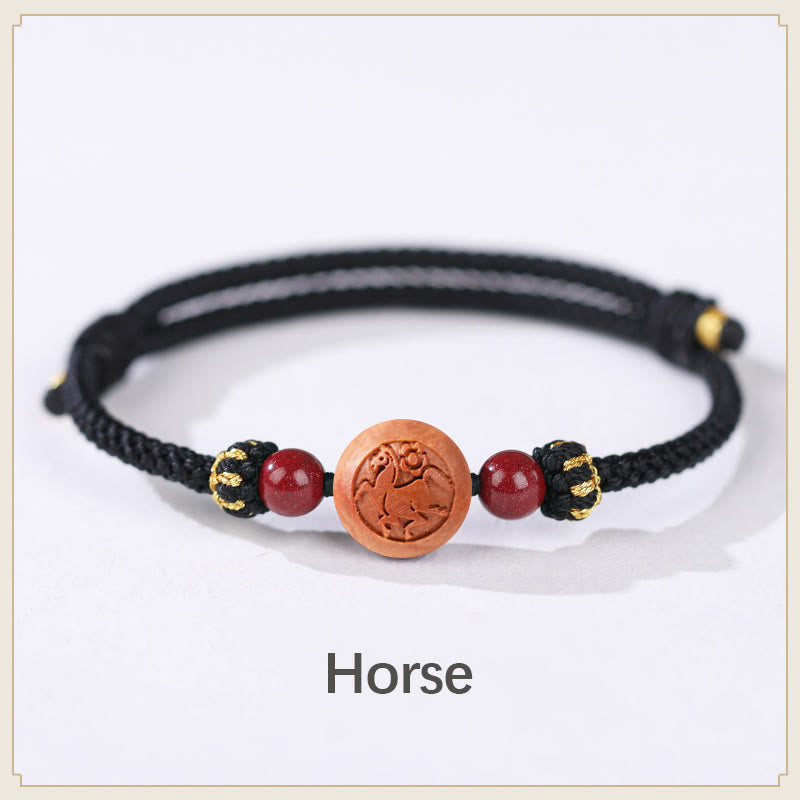Wear FengShui Natural Peach Wood Chinese Zodiac Fu Character Carved Cinnabar Wealth Bracelet
