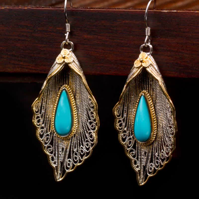Wear FengShui 925 Sterling Silver Turquoise Bodhi Leaf Pattern Protection Drop Dangle Earrings