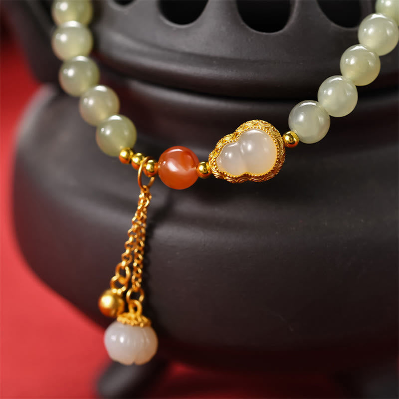 Wear FengShui 925 Sterling Silver Hetian Jade Gourd Lotus Abundance Luck Bracelet