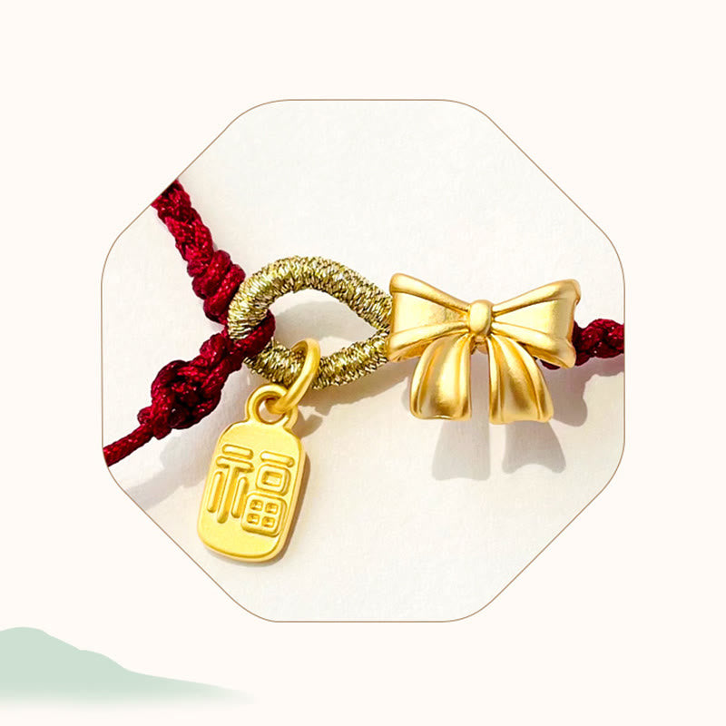 Wear FengShui Handmade Peach Blossom Rosette Bow Knot Fu Character Charm Luck Fortune Red Rope Bracelet