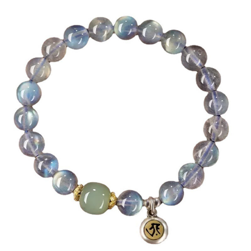 Wear FengShui Chinese Zodiac Natal Buddha 925 Sterling Silver Natural Moonstone Hetian Jade Positive Bracelet