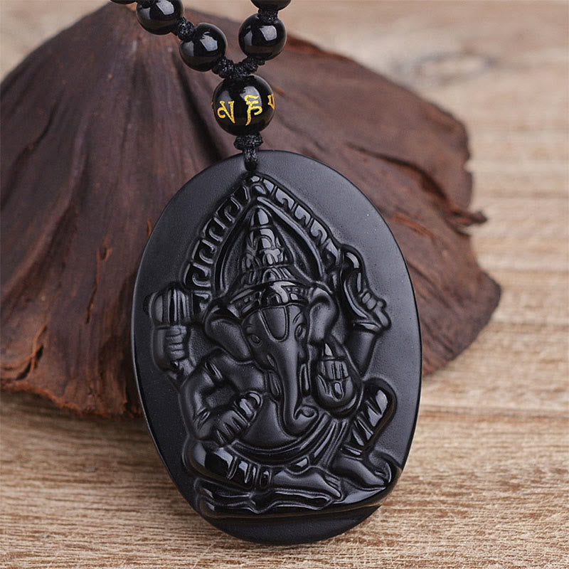Wear FengShui Tibetan Obsidian Ganesh Ganpati Elephant Wealth Amulet Necklace