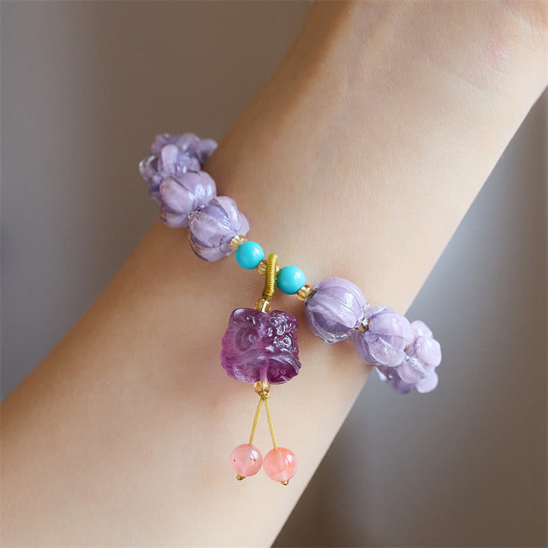 Wear FengShui Liuli Glass Bead Lotus Design Fluorite Ivory Fruit Dancing Lion Charm Enlightenment Bracelet