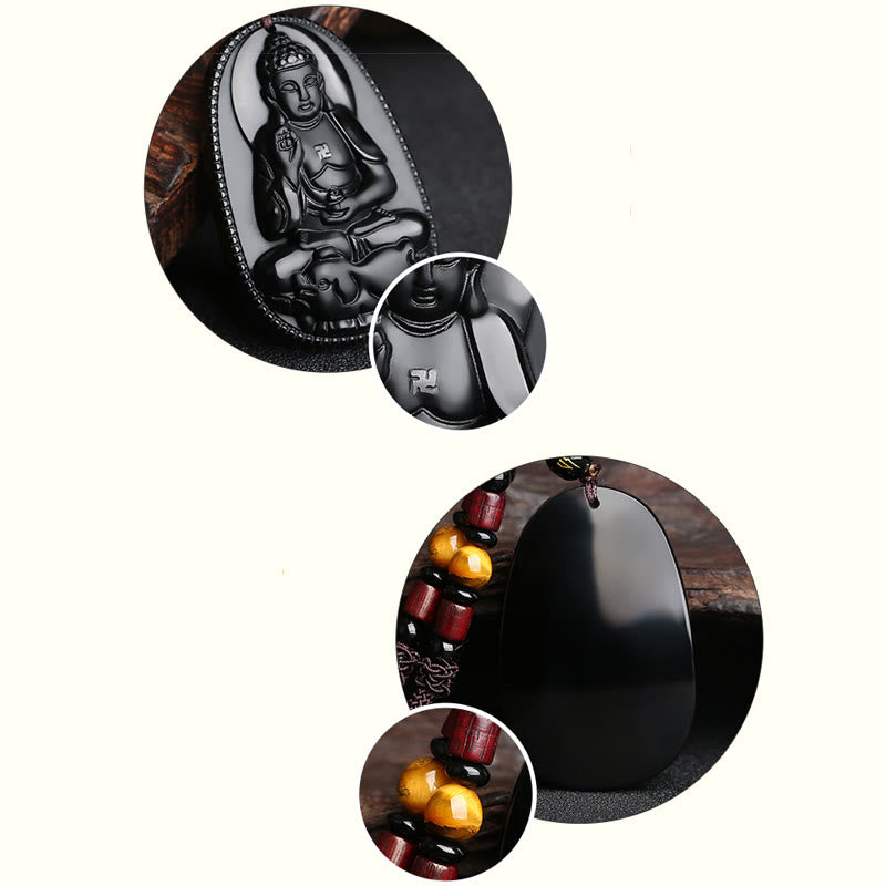 Wear FengShui Chinese Zodiac Natal Buddha Natural Black Obsidian Purification Necklace Pendant
