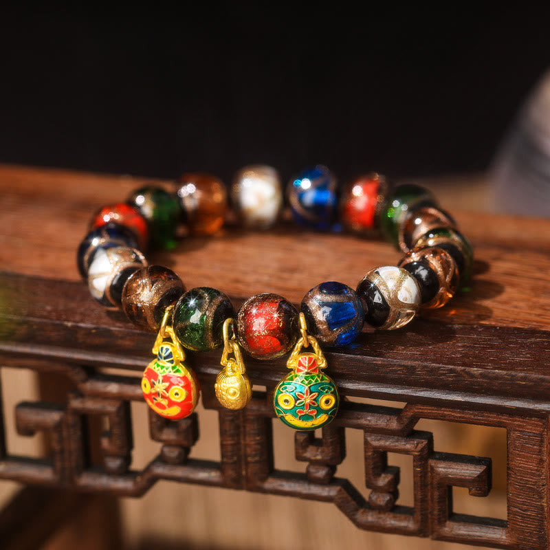 Wear FengShui Five Elements Gold Swallowing Beast Family Charm Liuli Glass Bead Luck Bracelet