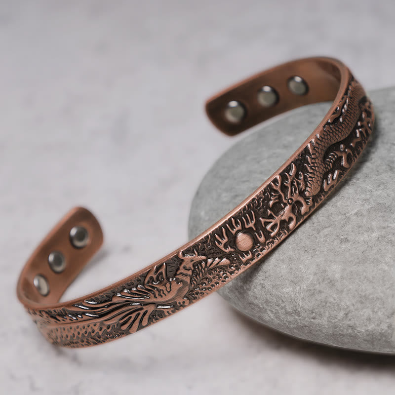 Wear FengShui Dragon Phoenix Magnetic Solid Copper Cuff Bracelet Bangle