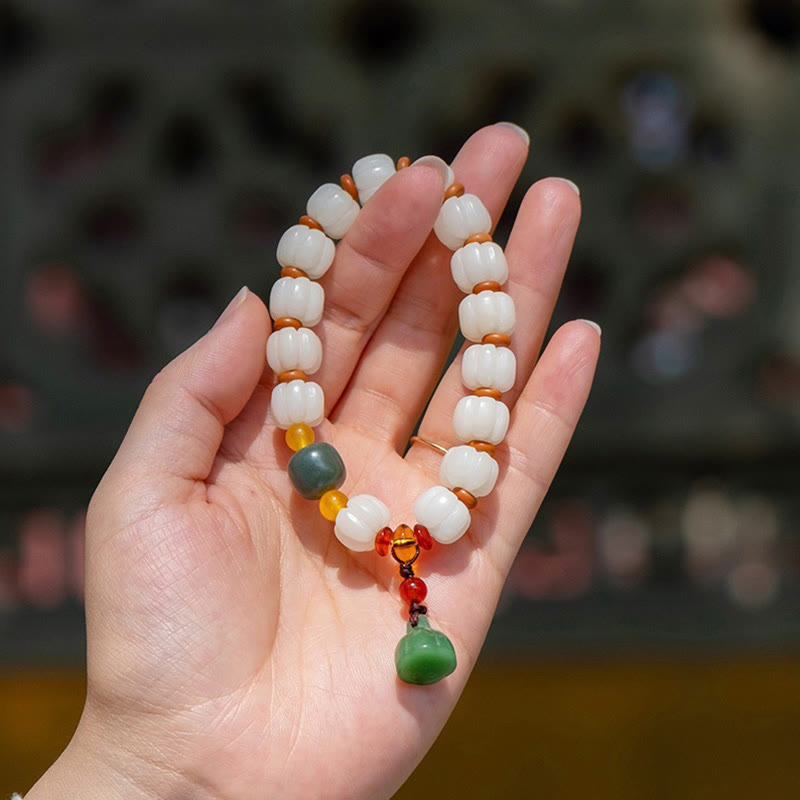 Wear FengShui Natural Bodhi Seed Red Agate Bodhi Calm Harmony Engraved Pumpkin Bead Lotus Bracelet