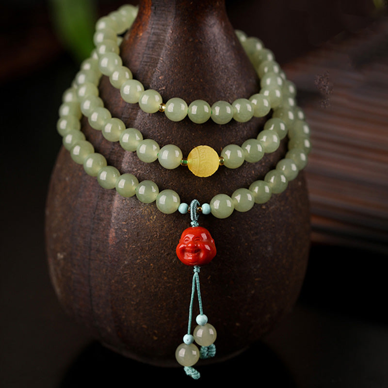 Wear FengShui Jade Red Agate Amber Laughing Buddha Prosperity Bracelet