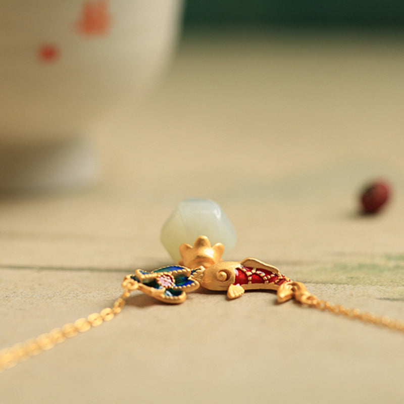 Wear FengShui White Jade Koi Fish Lotus Copper Protection Necklace Pendant