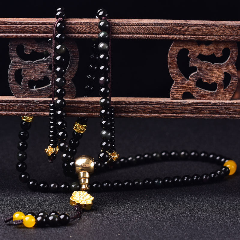 Wear FengShui 108 Beads Natural Black Obsidian Lotus Fulfilment Mala Bracelet