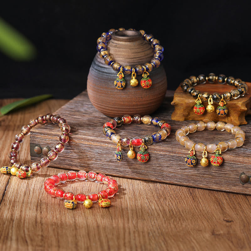 Wear FengShui Gold Swallowing Beast Family Charm Gold Silver Foil Liuli Glass Bead Blessings Bracelet