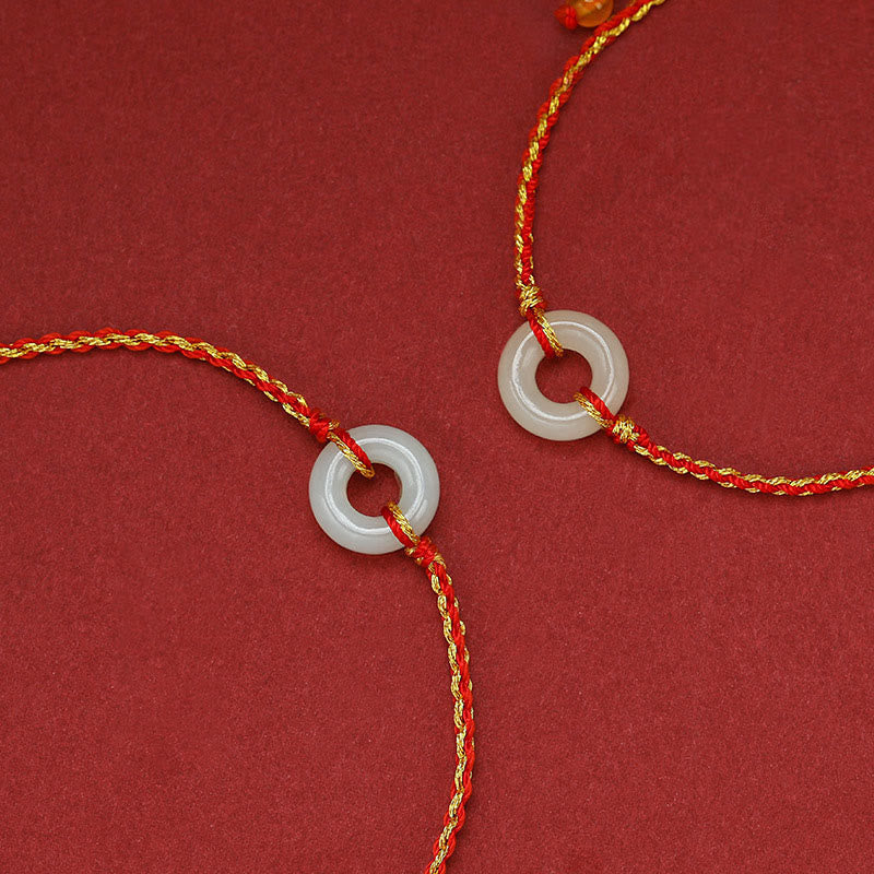 Wear FengShui Round Peace Buckle Jade Luck Abundance Braided Bracelet Anklet