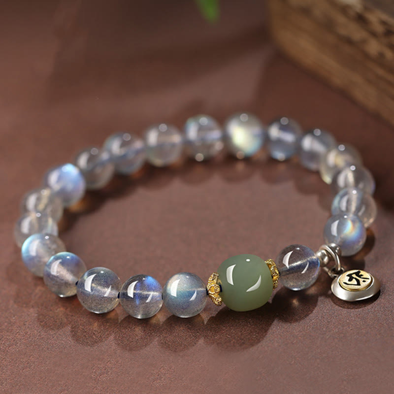 Wear FengShui Chinese Zodiac Natal Buddha 925 Sterling Silver Natural Moonstone Hetian Jade Positive Bracelet