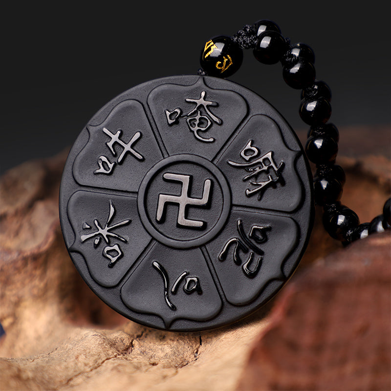 Wear FengShui Natural Black Obsidian Tibetan Om Mani Padme Hum Buddha Swastika Luck Necklace Pendant