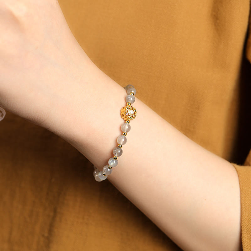 Wear FengShui 14K Gold Plated Natural Strawberry Quartz Labradorite Sun Stone Fu Character Positive Charm Bracelet